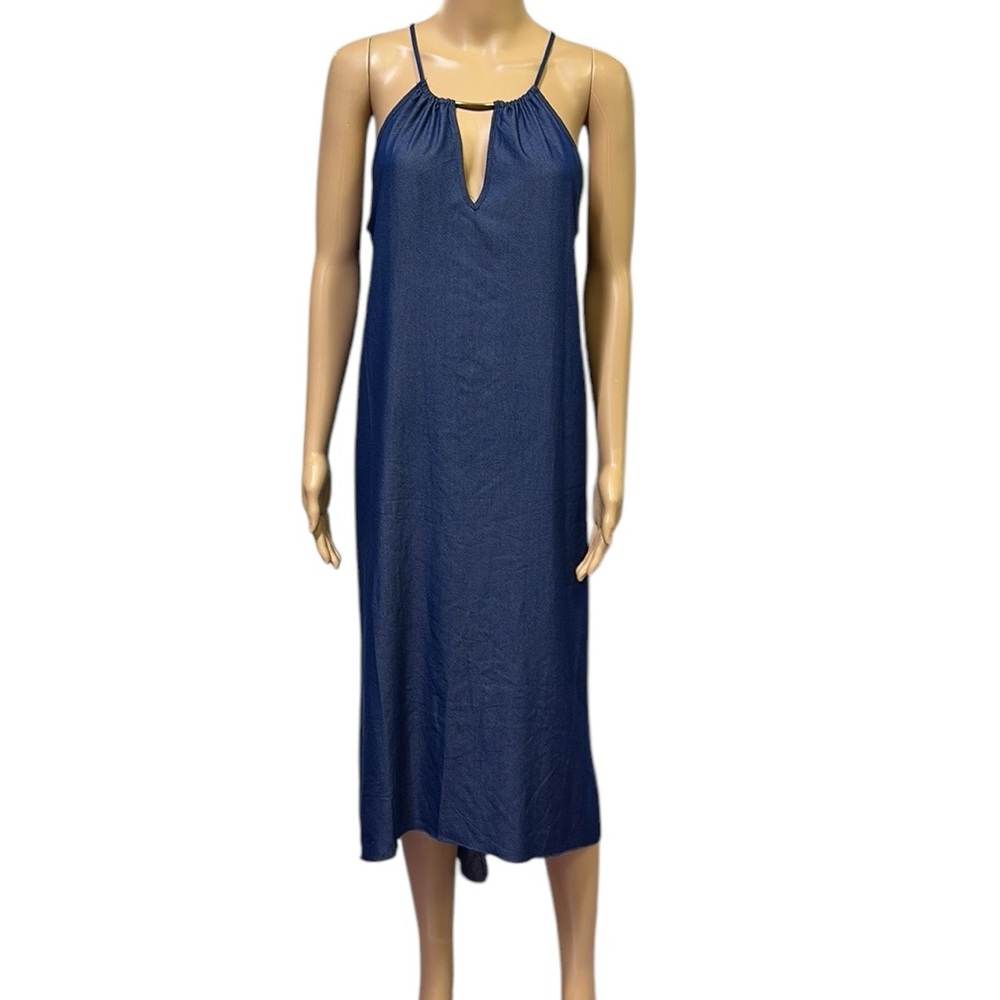 Mlle Gabrielle Blue Chambray Blue Jean Look Keyhole Sleeveless Midi Dress Medium